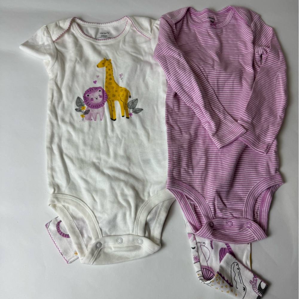 Carters 3 Piece Set - 24 Months Purple Zoo giraffe lion stripe